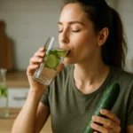 Žena pije uhorkový nápoj, zdravá a hydratačná voľba.