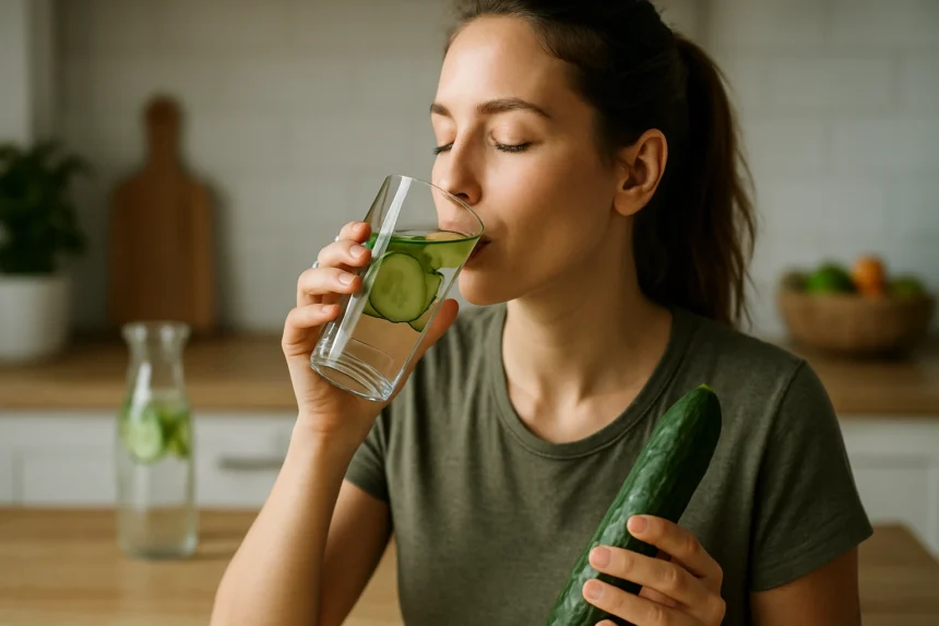 Žena pije uhorkový nápoj, zdravá a hydratačná voľba.