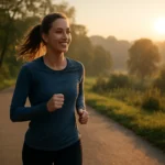 Žena behajúca na ceste pri východe slnka