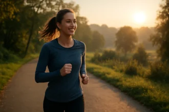 Žena behajúca na ceste pri východe slnka