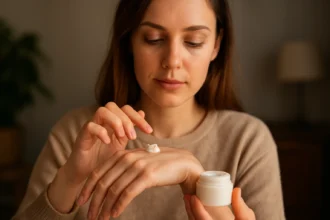 Žena aplikuje krém Lobalszam na ruku pre revitalizáciu pleti