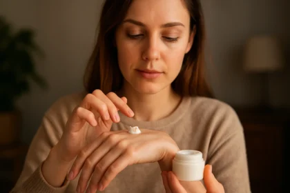 Žena aplikuje krém Lobalszam na ruku pre revitalizáciu pleti