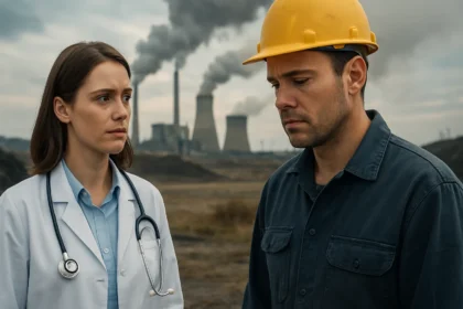 Zdravotnícky odborník a pracovník diskutujúci o dopadoch fosílnych palív na zdravie.