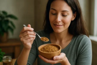 Žena s lyžičkou senovky gréckej, superpotraviny bohaté na vlákninu.