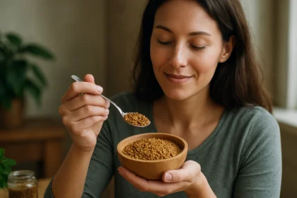 Žena s lyžičkou senovky gréckej, superpotraviny bohaté na vlákninu.