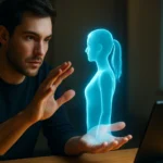 Muž interaguje s holografickým 3D obrazom postavy