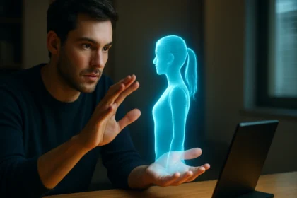 Muž interaguje s holografickým 3D obrazom postavy