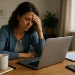 Žena pracujúca z domu, vyzerajúca frustrovane pri počítači.