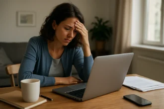 Žena pracujúca z domu, vyzerajúca frustrovane pri počítači.