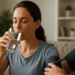 Žena pije vodu, monitoruje krvný tlak a zlepšuje svoje zdravie.