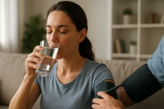 Žena pije vodu, monitoruje krvný tlak a zlepšuje svoje zdravie.