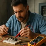 Muž pracujúci na elektrickom obvode s multimetrom a rezistormi.