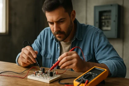 Muž pracujúci na elektrickom obvode s multimetrom a rezistormi.