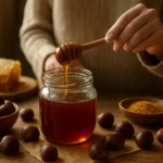 Osoba naberá gaštanový med do pohára s medom.