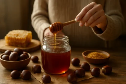 Osoba naberá gaštanový med do pohára s medom.