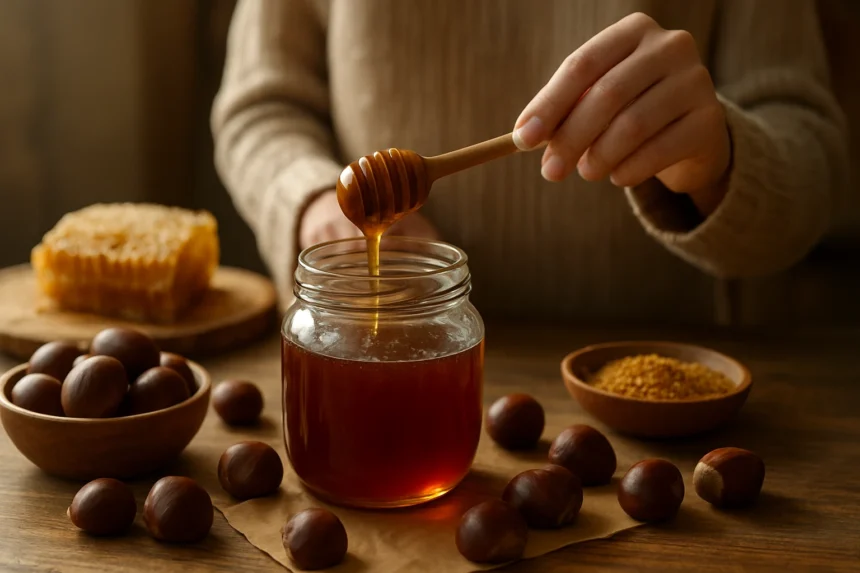 Osoba naberá gaštanový med do pohára s medom.