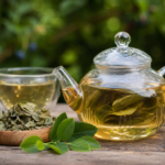 Čaj z čučoriedkových listov v sklenenej kanvici a šálke.