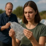 Žena skúma plastový odpad v znečistenej oblasti.