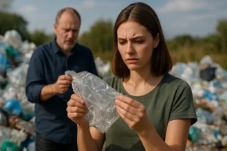 Žena skúma plastový odpad v znečistenej oblasti.