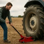 Muž obsluhuje vidlicový zdvihák na traktore v poľnohospodárskom prostredí.