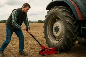 Muž obsluhuje vidlicový zdvihák na traktore v poľnohospodárskom prostredí.