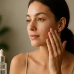 Žena nanáša zinočnatý hyaluronát na pleť v domácom prostredí.