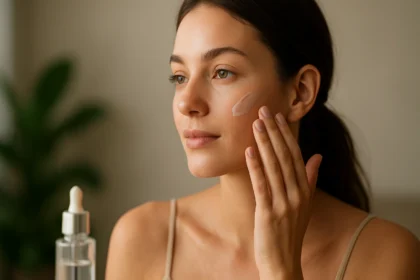 Žena nanáša zinočnatý hyaluronát na pleť v domácom prostredí.