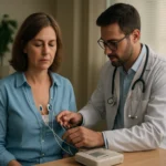 Lekár vykonáva EKG vyšetrenie na pacientke s liekom Frontin.