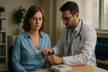 Lekár vykonáva EKG vyšetrenie na pacientke s liekom Frontin.