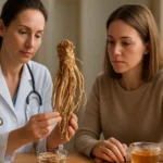 Žena s lekárnikom skúma čínsku angeliku, liečivú rastlinu.