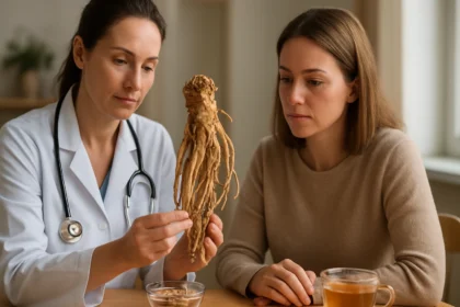 Žena s lekárnikom skúma čínsku angeliku, liečivú rastlinu.