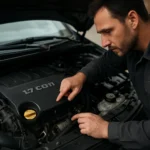 Mechanik kontroluje motor 1.7 CDTI v automobile.