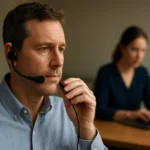 Muž s laryngofónom a žena pri počítači v kancelárii