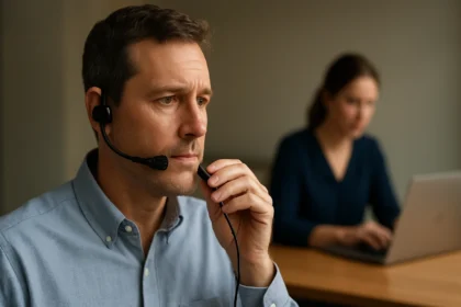 Muž s laryngofónom a žena pri počítači v kancelárii