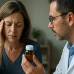 Žena trpiaca bolesťou hlavy hovorí s lekárom o lítiju.