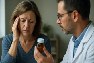 Žena trpiaca bolesťou hlavy hovorí s lekárom o lítiju.