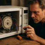 Muž skúma motor otočného taniera v mikrovlnnej rúre.