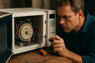 Muž skúma motor otočného taniera v mikrovlnnej rúre.