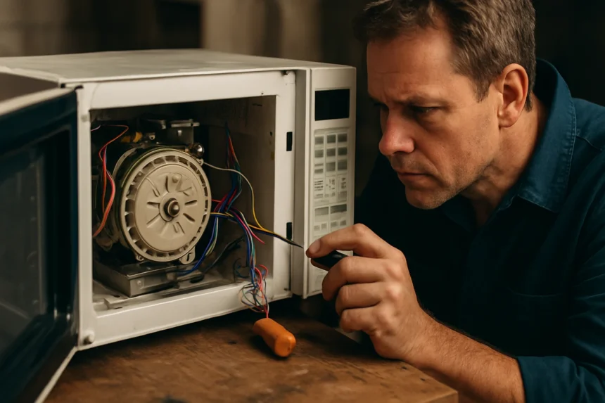 Muž skúma motor otočného taniera v mikrovlnnej rúre.