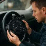 Mechanik kontroluje tachometer v automobile