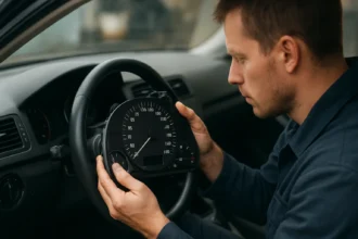 Mechanik kontroluje tachometer v automobile