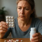 Žena analyzuje expirované lieky na stole, zamyslená a opatrná.