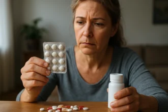 Žena analyzuje expirované lieky na stole, zamyslená a opatrná.