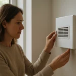 Žena upravuje rekuperačný ventilátor Aereco EM 916 na stene.