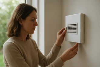 Žena upravuje rekuperačný ventilátor Aereco EM 916 na stene.