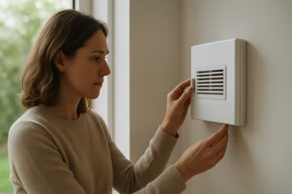 Žena upravuje rekuperačný ventilátor Aereco EM 916 na stene.