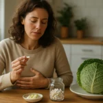 Žena užívajúca doplnky vitamínu U s kapustou na stole