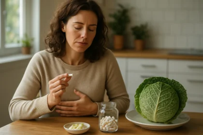 Žena užívajúca doplnky vitamínu U s kapustou na stole