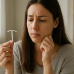 Žena s antikoncepčným IUD premýšľa nad jeho účinkami.