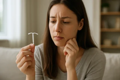 Žena s antikoncepčným IUD premýšľa nad jeho účinkami.